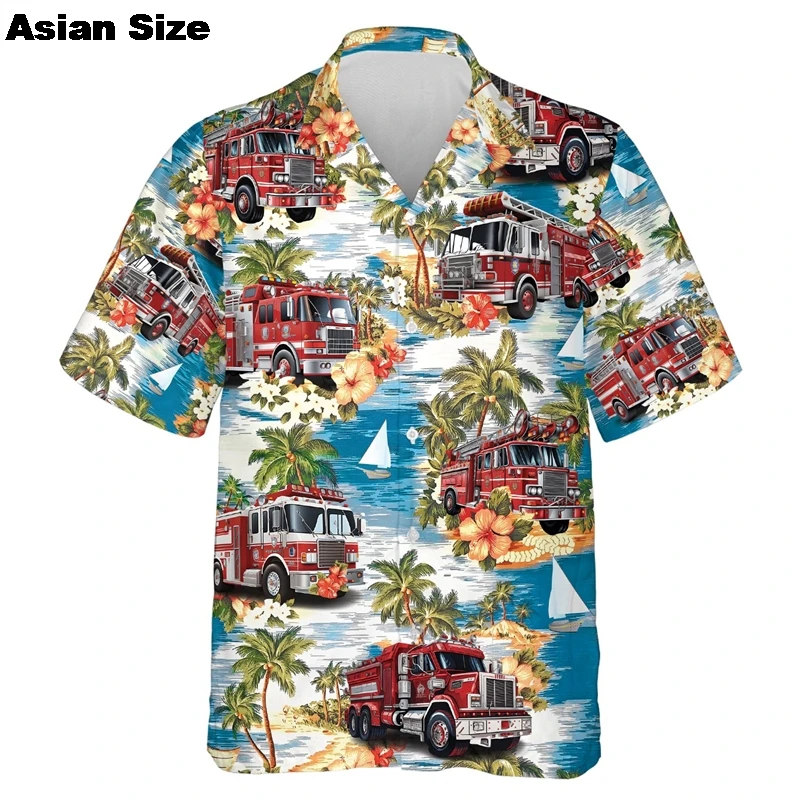 

Fashion Firefighter Graphic Short Sleeve Shirts For Men Clothes Hero Profession Streetwear Blouses Fire Truck Lapel Blouse Tops