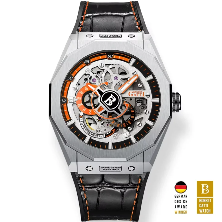 

BONEST GATTI Men Automatic Watch 42mm Mechanical Wristwatch Sapphire Mirror Skeleton Dial 50M Waterproof Luminous