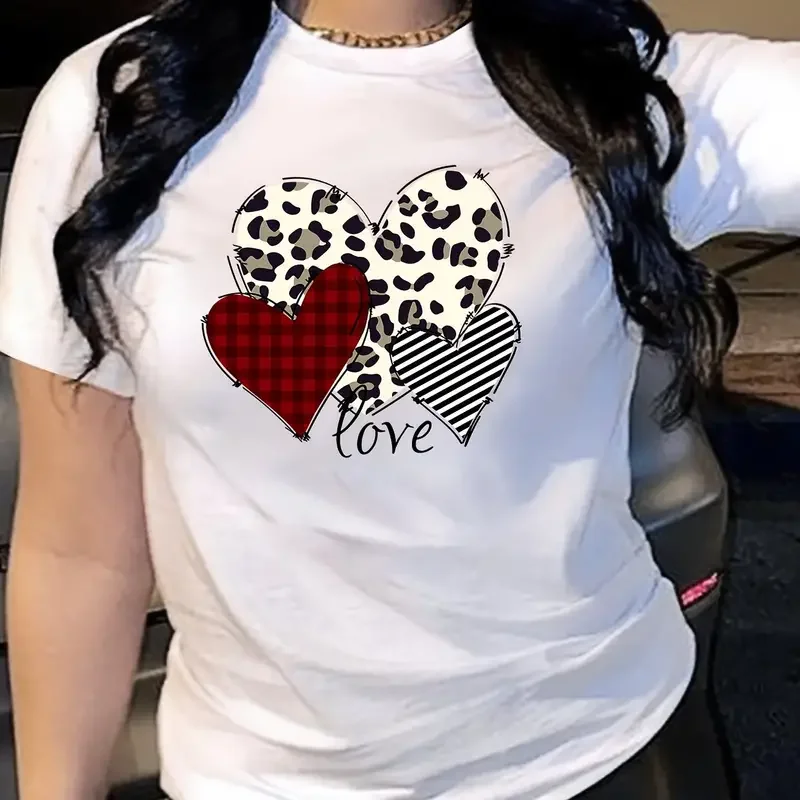 Heart Love Print Summer T-shirt Versatile Short Sleeve Crew Neck Top  Women's Clothing Summer Comfortabletee Shirt Softtee Tops