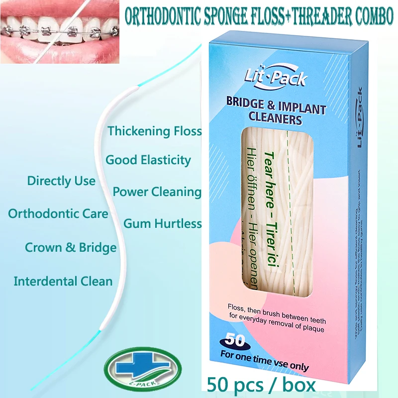 Lit-Pack (manufacturer) Orthodontic Sponge Floss Threader Combination for Bridge and Crown Dental Oral Cleaning Floss 50pcs/box