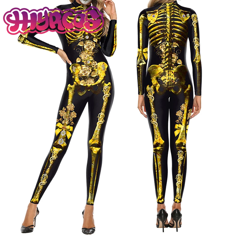 Szkielet Cos duch przebranie na karnawał kombinezon na Halloween karnawał Zentai elastan Catsuit body z długim rękawem fantazyjny kombinezon unisex