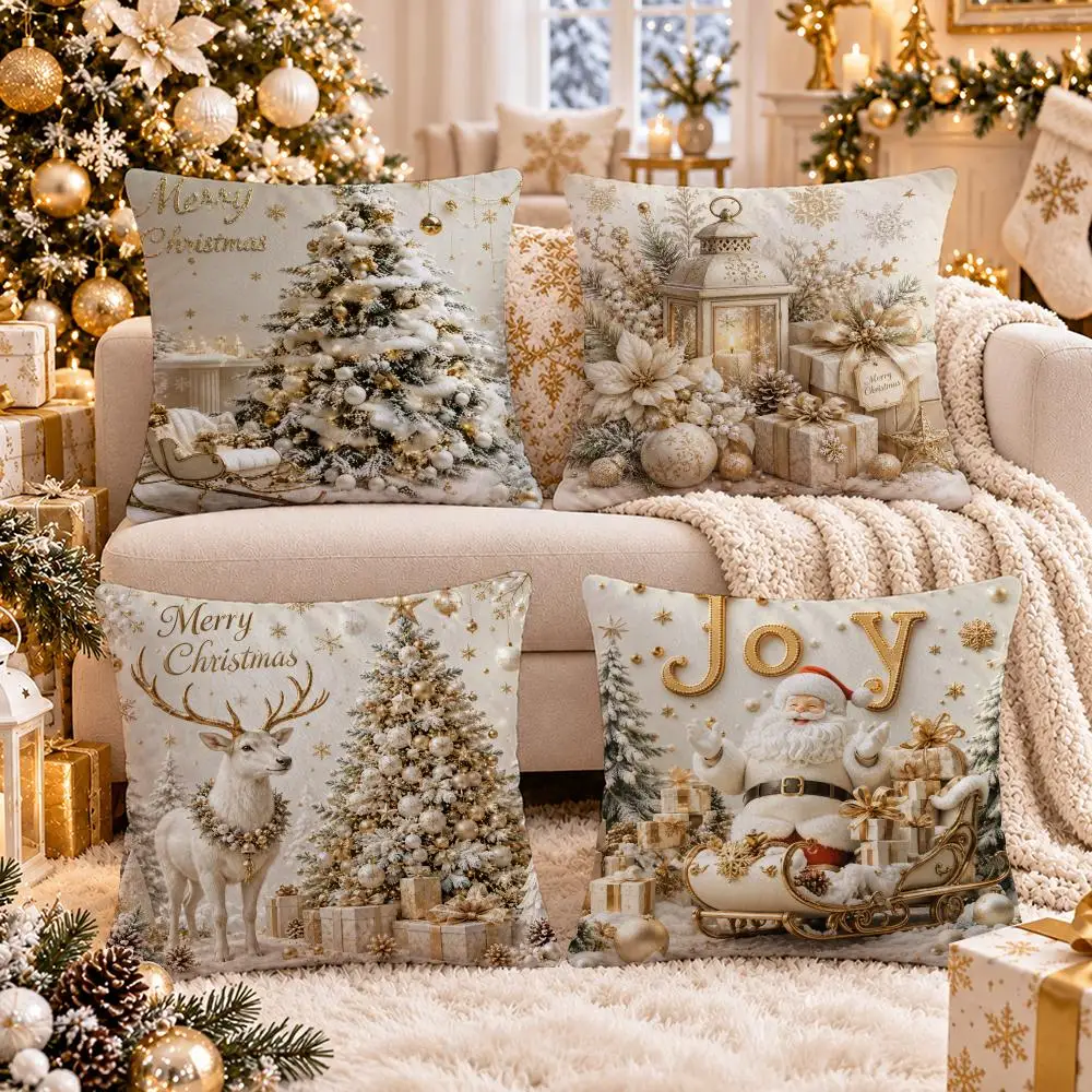 Gold Christmas Snow Reindeer Cushion Cover Short Plush Double-Sided Print Festival Pillow Case for Living Room Sofa Home Decor