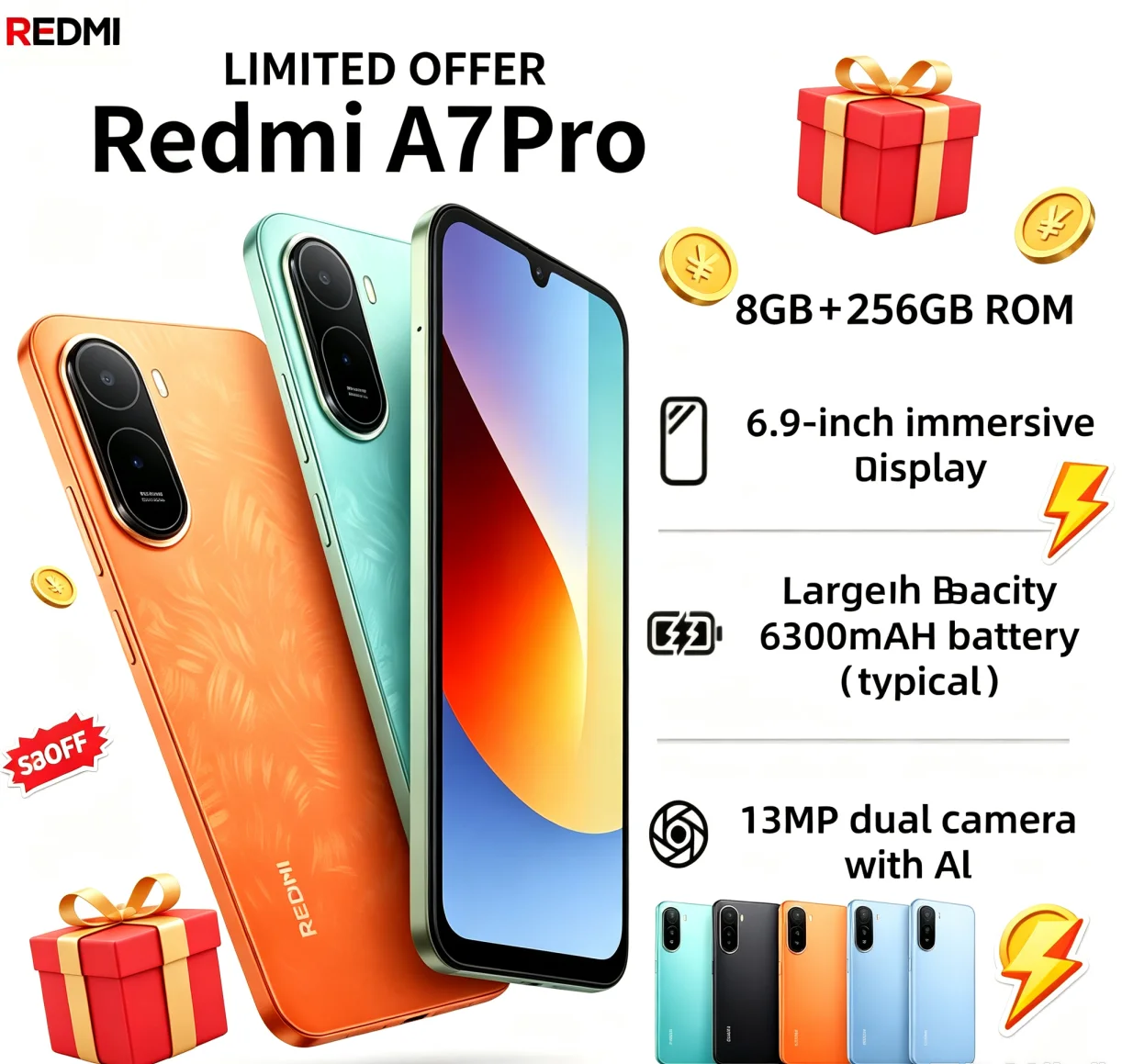 2026 Buyer Favorite Redmi A7Pro Unlocked Mobile Phone 8GB 256GB 6.9‑Inch FHD+ Full‑View Screen Helio G85 Chip Daily
