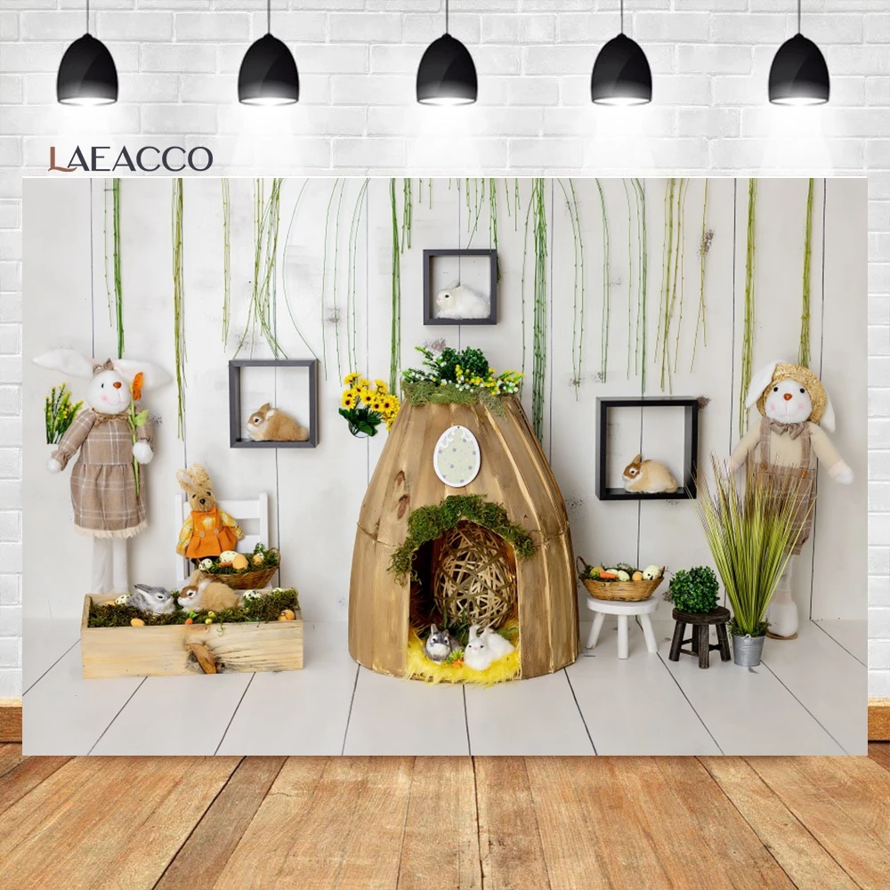 

Laeacco Easter Rabbit Doll Backdrop Rustic White Wood Bunny Flowers Kids Birthday Baby Shower Portrait Photography Background