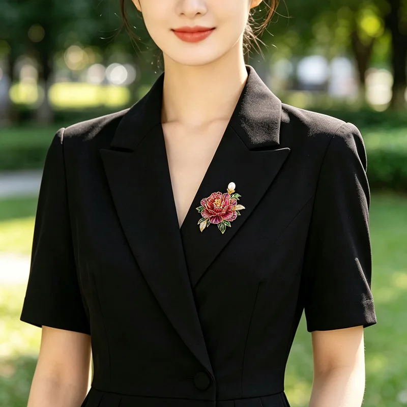 China-Chic Rich Peony Brooch Multi-layer Three-dimensional Enamel Cubic Zirconia Petals Freshwater Pearl Corsage Pin for Women