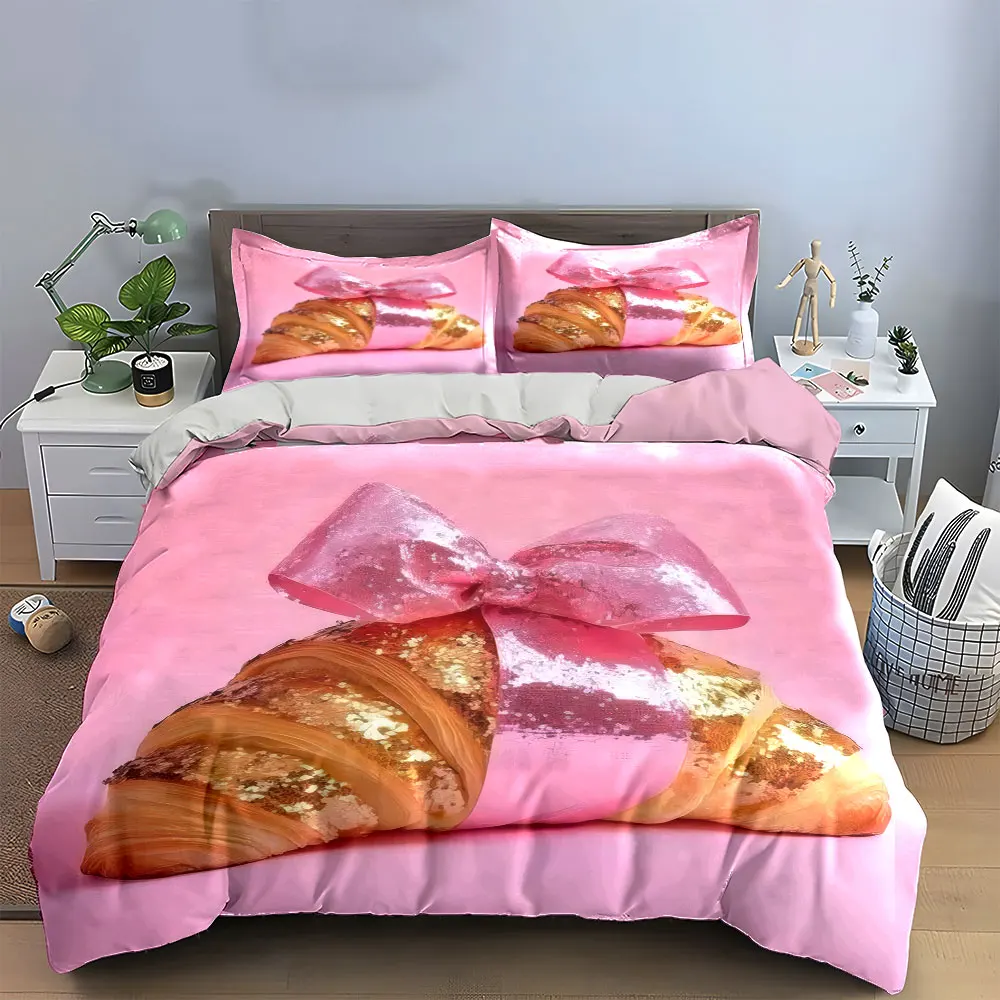 

Croissant Bedding Set, Glitter Croissant with Pink Bow Print Duvet Cover + 2 Pillowcases, Funny Food Decor 3Pcs