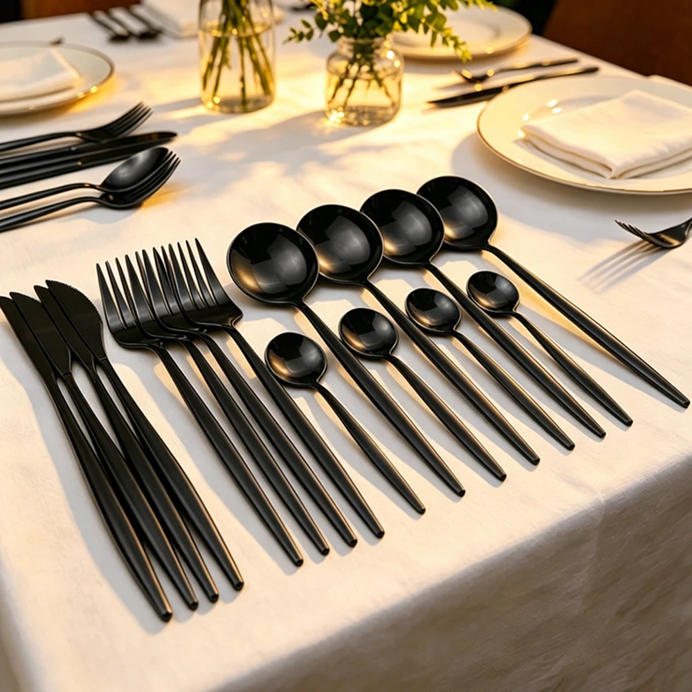 16Pcs Cutlery Set Stainless Steel Tableware Knife and Fork Spoon Teaspoon Tableware Package Quality Black Cutlery Set