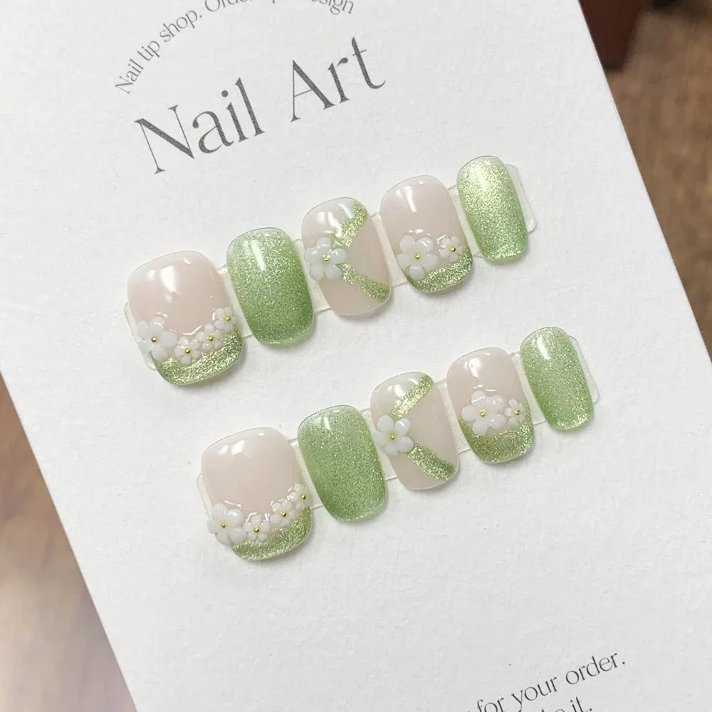 Handmade Short False Nails Press on With Design Korean Partysu Fake Fingernails with Glue Acrylic Nail Tips Nail Art for Girl
