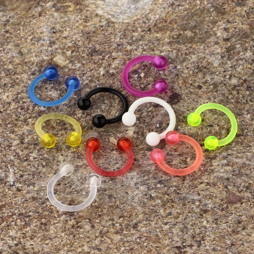 Flexible 16G 6-12mm Circular Barbell Nose Hoop Rings Earrings Piercing Lip Septum Stud 3mm Glow in the Dark Acrylic Ball 9pcs