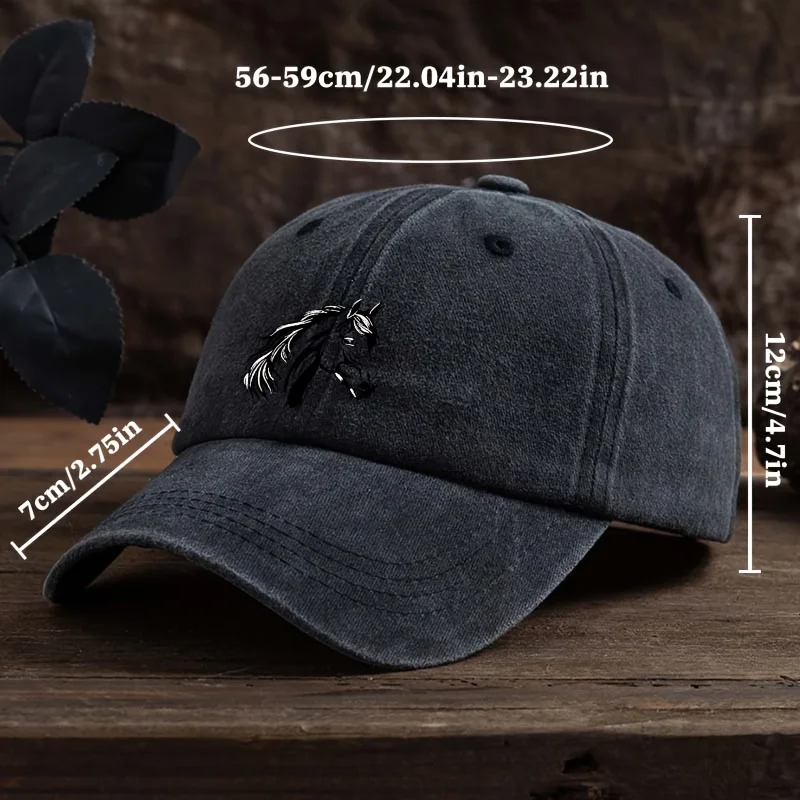 Stylish Black Baseball Cap with Horse Head Print - Durable, Machine Washable, and Professional Dry Clean Safe