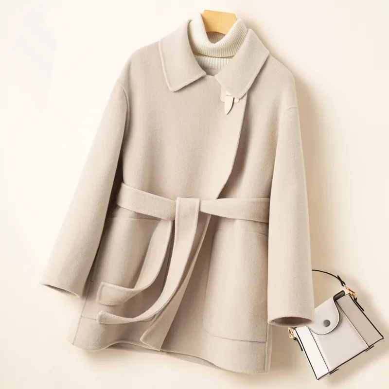 

Autumn Winter New Double-Sided Cashmere Coat Women Fashion Doll Collar Leather Buckle Loose Lace-uUp Woolen Jacket Female T1494