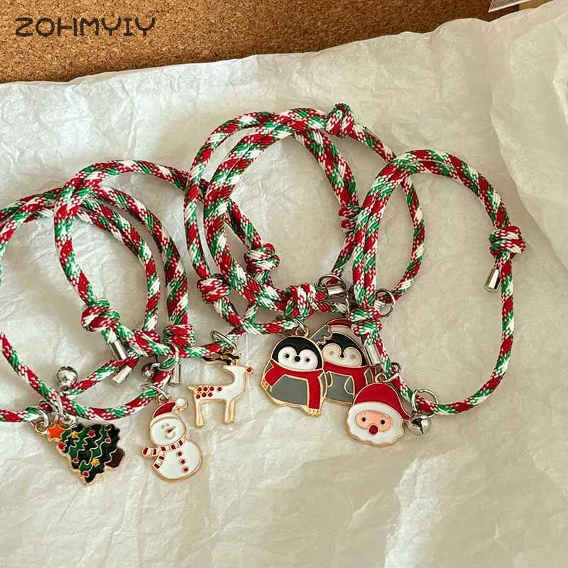 شجرة عيد الميلاد سانتا كلوز الأيائل ثلج البطريق قلادة زوجين سوار مع جرس الإبداعية الكرتون قابل للتعديل عشاق اليد حبل