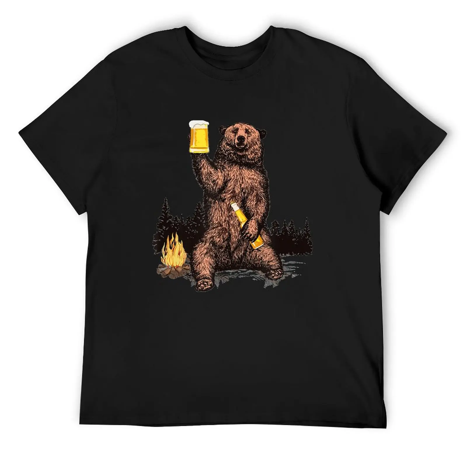 Bear Drinking Beer Camp Fire Woods Outdoor T-Shirt korean fashion for a boy cute clothes mens workout shirts