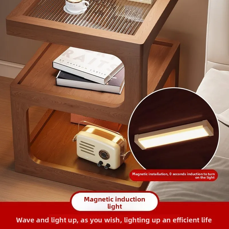 Bedside Table Furniture with Frosted Glass Top & Rattan, Magnetic Sensor LED Light 3-Tier Storage Cabinet Modern Home Decor