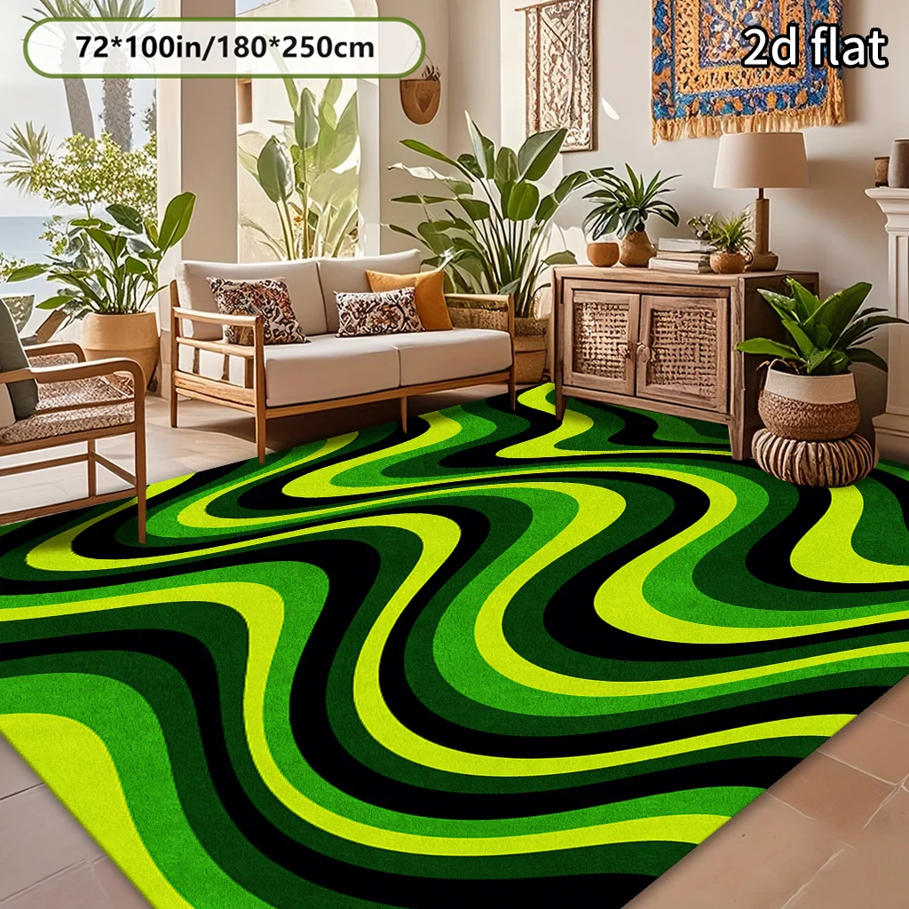 2D Flat Modern Abstract Dark‑Green Neon‑Green Wave Stripe Rug,Non‑Slip Washable Mat for Living Room Bedroom Hallway Indoor Decor
