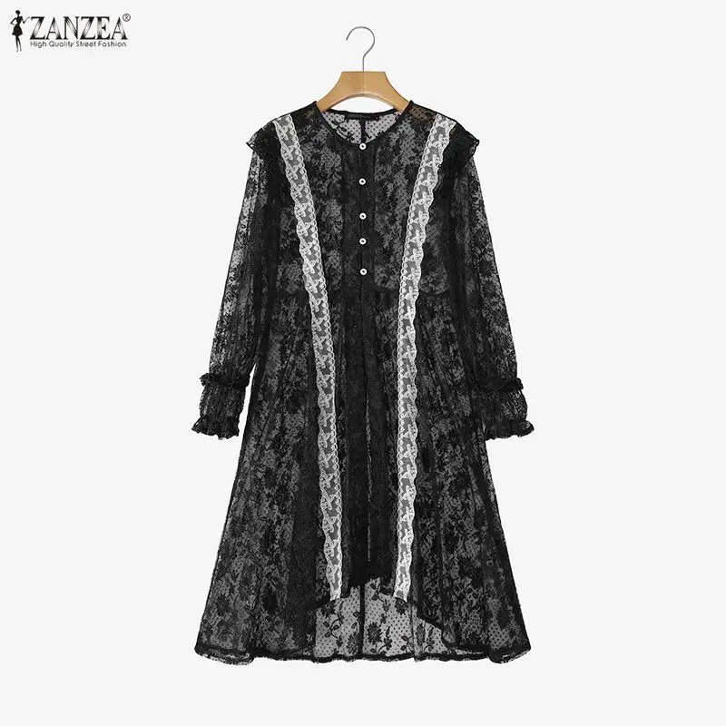 ZANZEA Muslim Solid Color Cardigan Women Long Outwear Casual Loose Irregular Long Sleeve Blusas 2026 Lace Patchwork Summer Coats