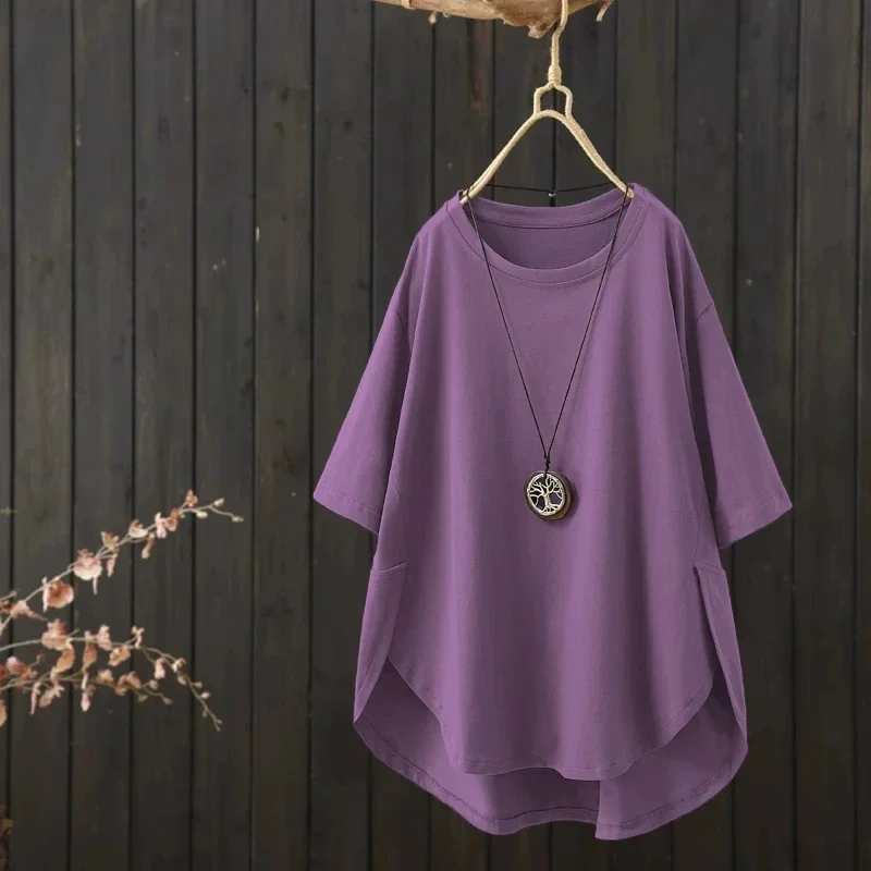 2026 New Women's Casual Loose Purple T-Shirt Short Sleeve O-Neck Irregular Hem Side Split Soft Cotton Tops Commute T-Shirt Y2K