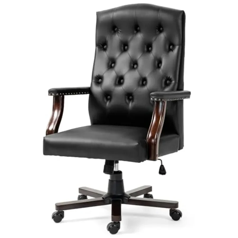 Tufted Office Chair for Executive Desk Use, Faux Leather in Black, High-Back Ergonomic Wingback Design with Nail Head Trim