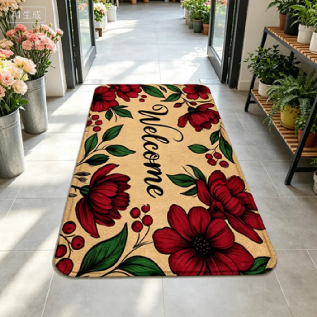 Vintage Red Floral Leaf Runner, European Floral Hallway Runner, Red Floral Letter Carpet, Vintage Bouquet Washable Mat.