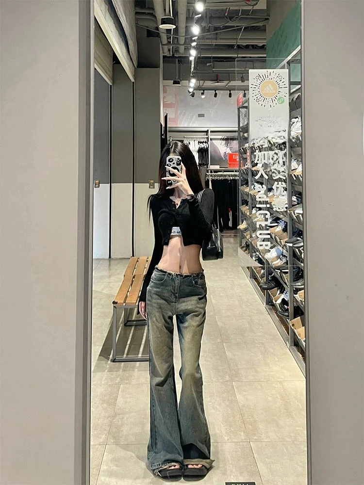 

American Retro Faded Low Waist Bell Bottom Jeans Women's Extended Length Slimming Floor Length Pants Spring Autumn Tall Women