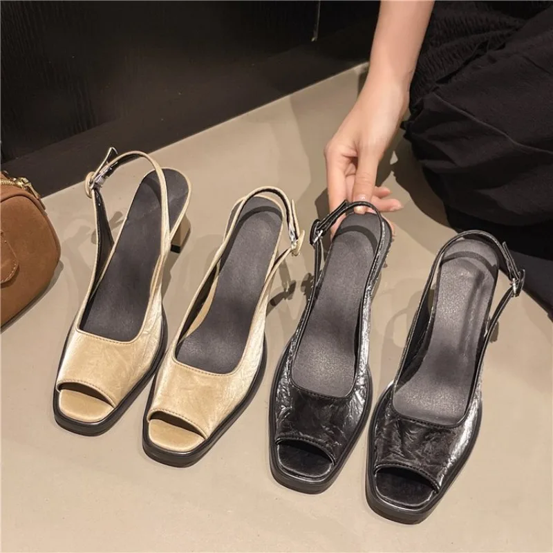 Retro Fishmouth High Heels Sandals Women's Summer Autumn Crossbody Sexy Buckle PU Leather Rubber Sole Fashionable Shoes