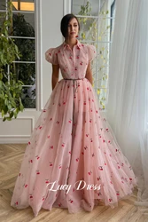 Lucy Line A Retro Puff Sleeves Cherry Decoration Mesh Pink Ball Gown Graduation Prom Dress Women Elegant Party Dresses Gala