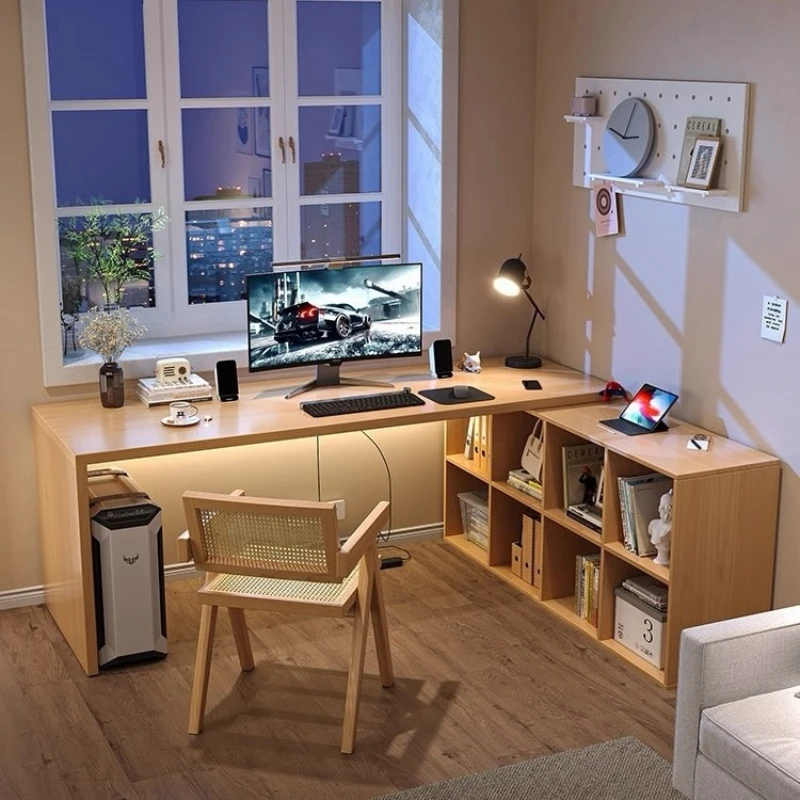 Nordic study all solid wood desk, high-end large desk, home simple learning study office long table bookshelf