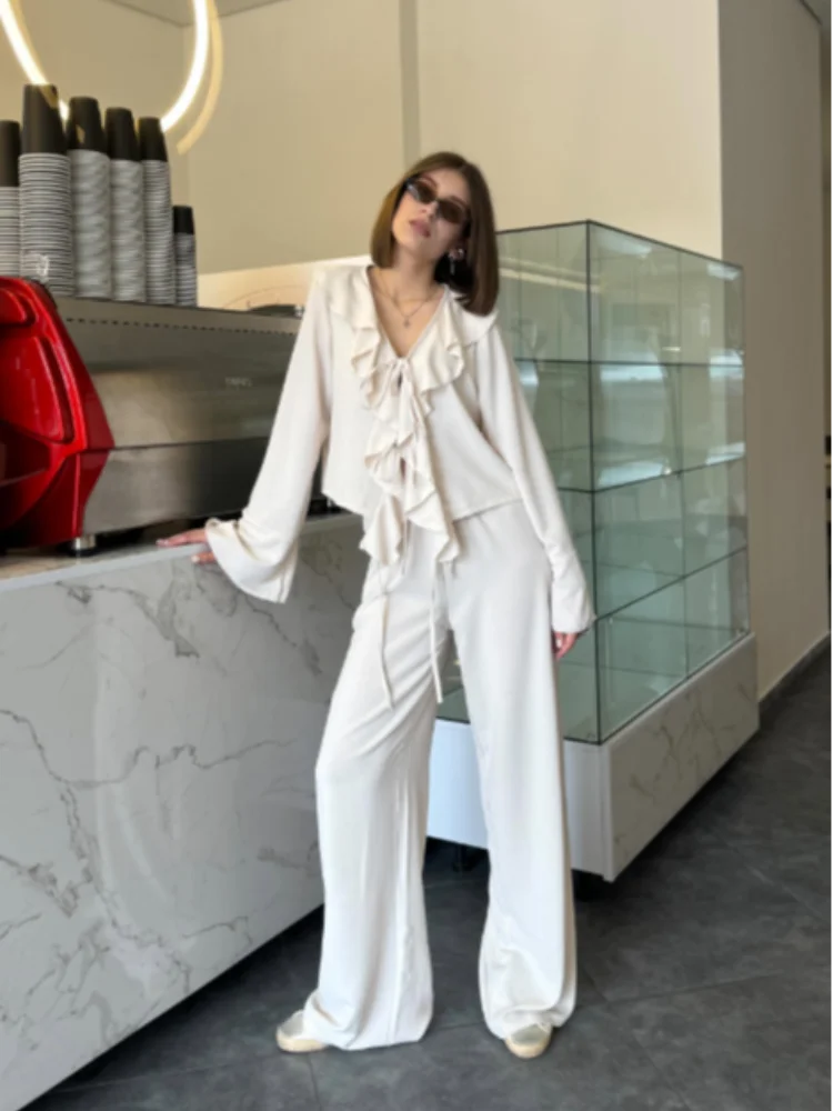

Ruffled Wide-leg Pants women Two Piece set Female V Neck Long Sleeve T shirt Lace Up High Waist pabt Woman Casual Suit