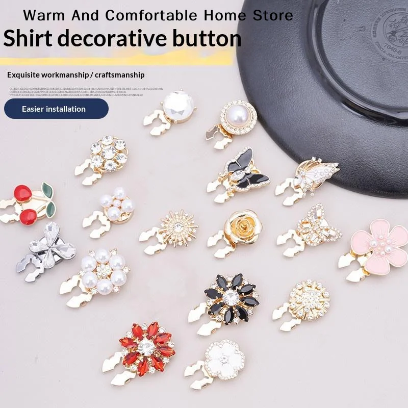 Crystal Pearl Button Covers Detachable Clip-On Shirt Coat Decorative Buttons Sewing Button for DIY Blouses Clothing Women Men