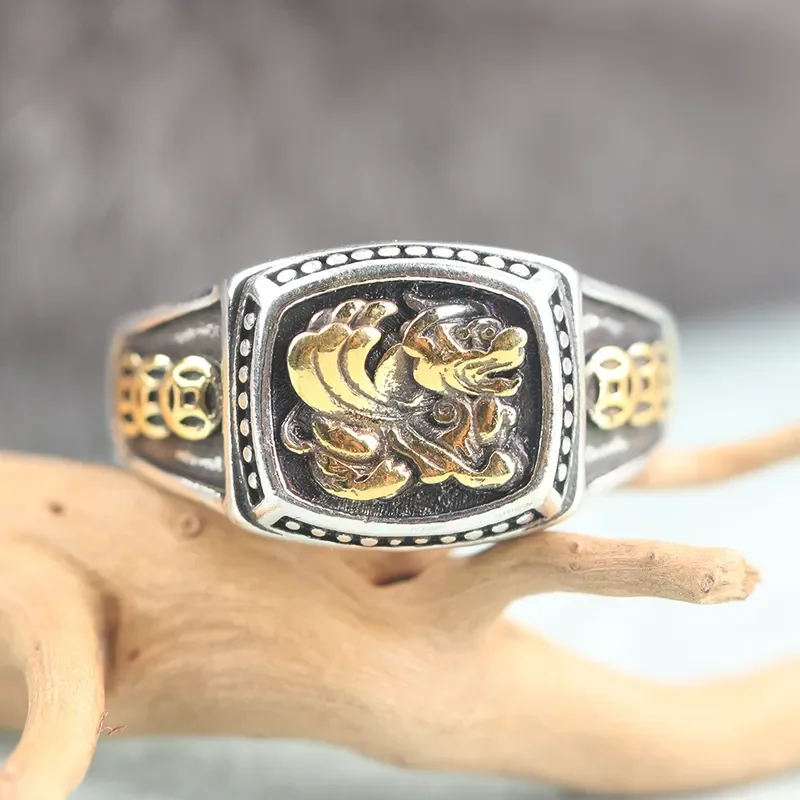 Retro Copper Coin Pixiu Ring Men Trendy Cold Style Imitation Thai Silver Wide Face Index Finger Ring Fashionable Versatile