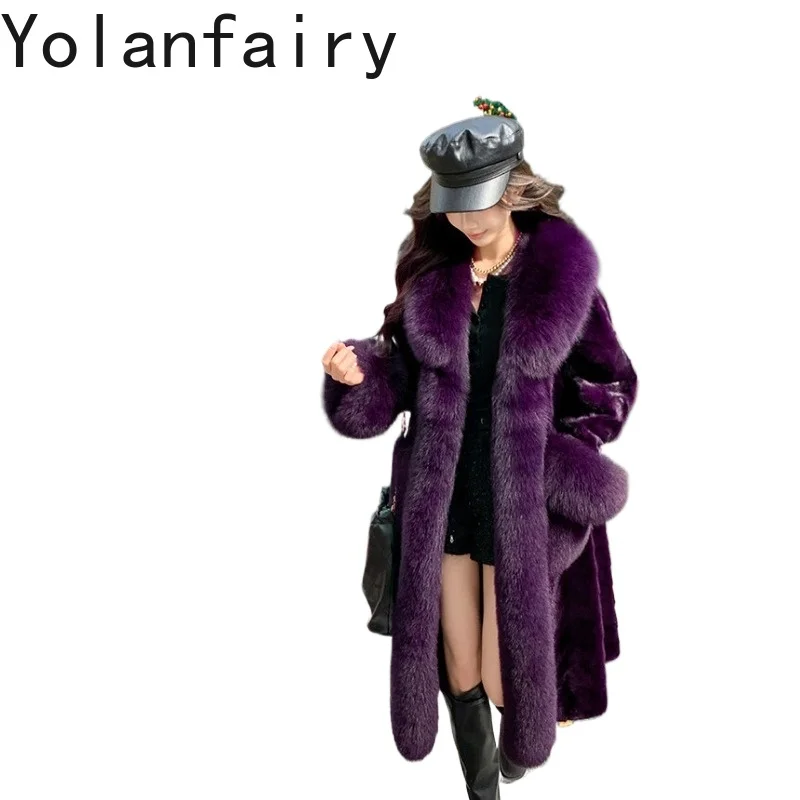 YOLANFAIRY Full Pelt Mink Fox Fur Luxury Coat Whole Natural Real Velvet Mink Coat Fur Jacket Woman Long Winter Coat Женскаялюкс