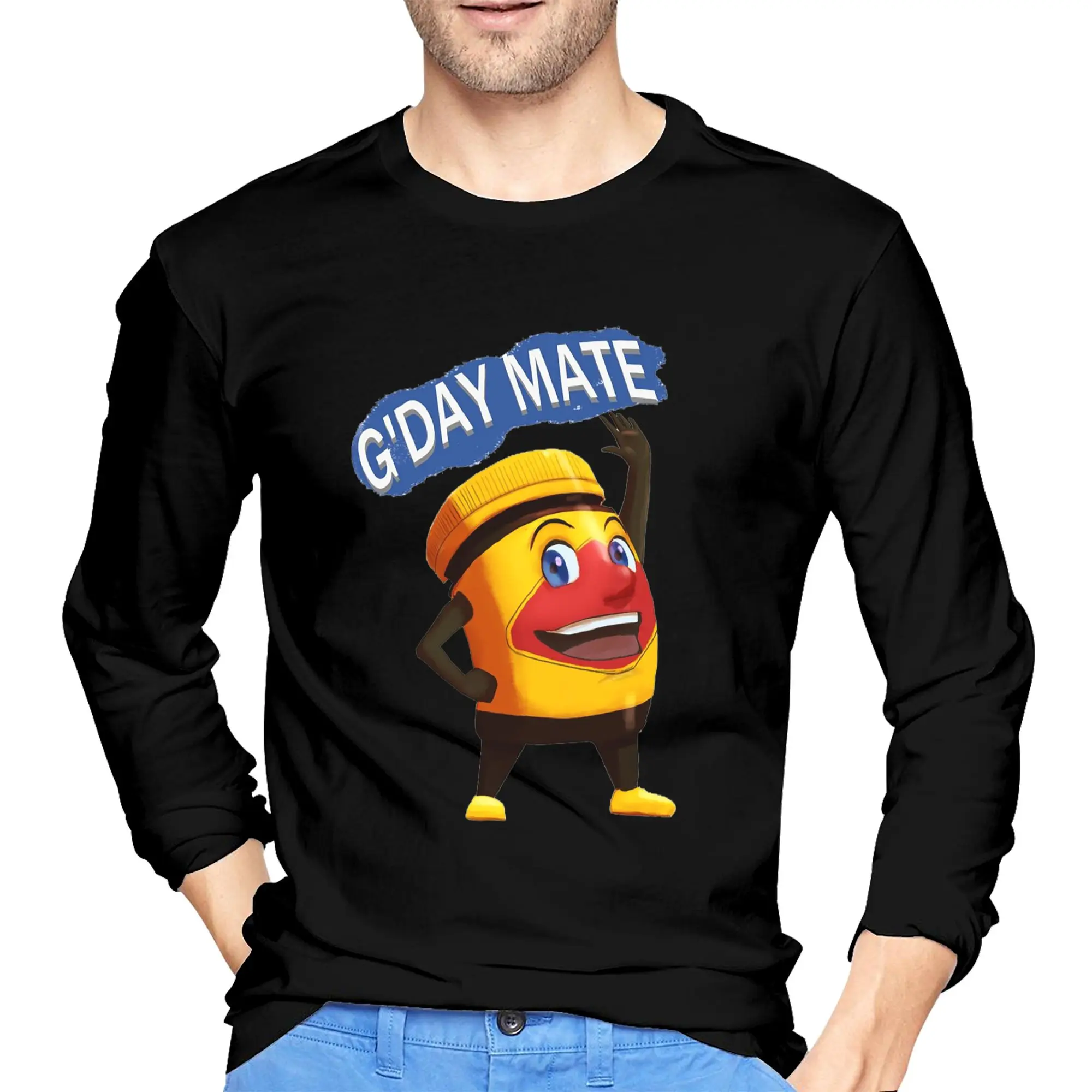 

Australian Vegemite Happy Cartoon Men's Long Sleeved T-shirt Breathable Round Neck T shirts Spring and Autumn Men tops