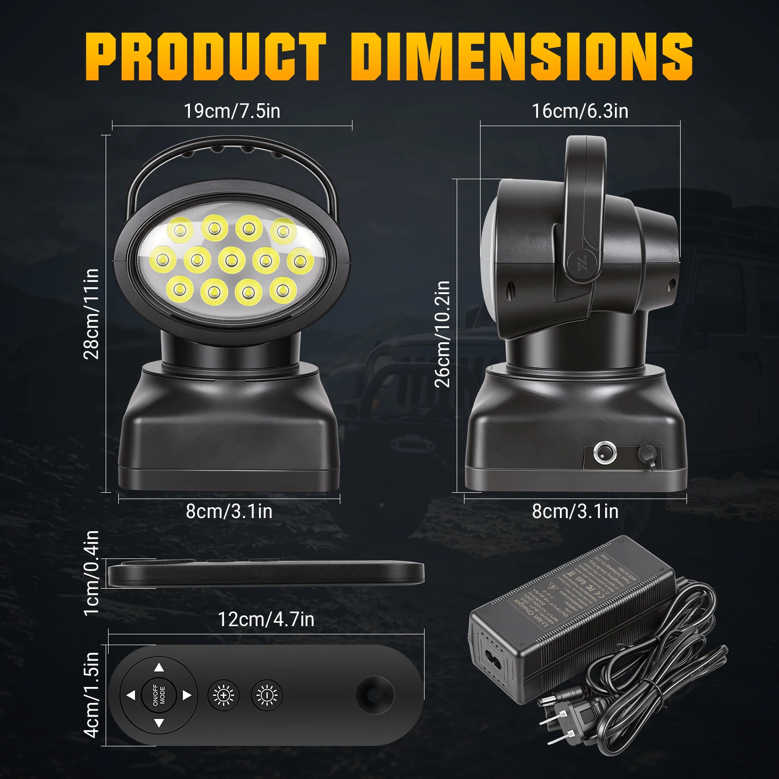 52W 360° Oval Rotating LED Searchlight with Wireless Remote Control Storage Batterry Emergency Spotlight for Boats, UTV,ATV,SUV