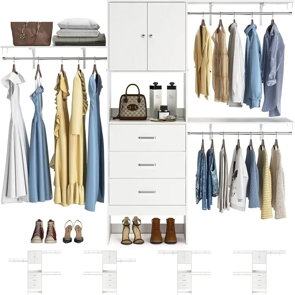 96 Inches Closet System with Do, 8T Walk In Closet Organizer with 3 Shelving Towers, Heavy Duty Clothes Garment Rack with 3 Wood