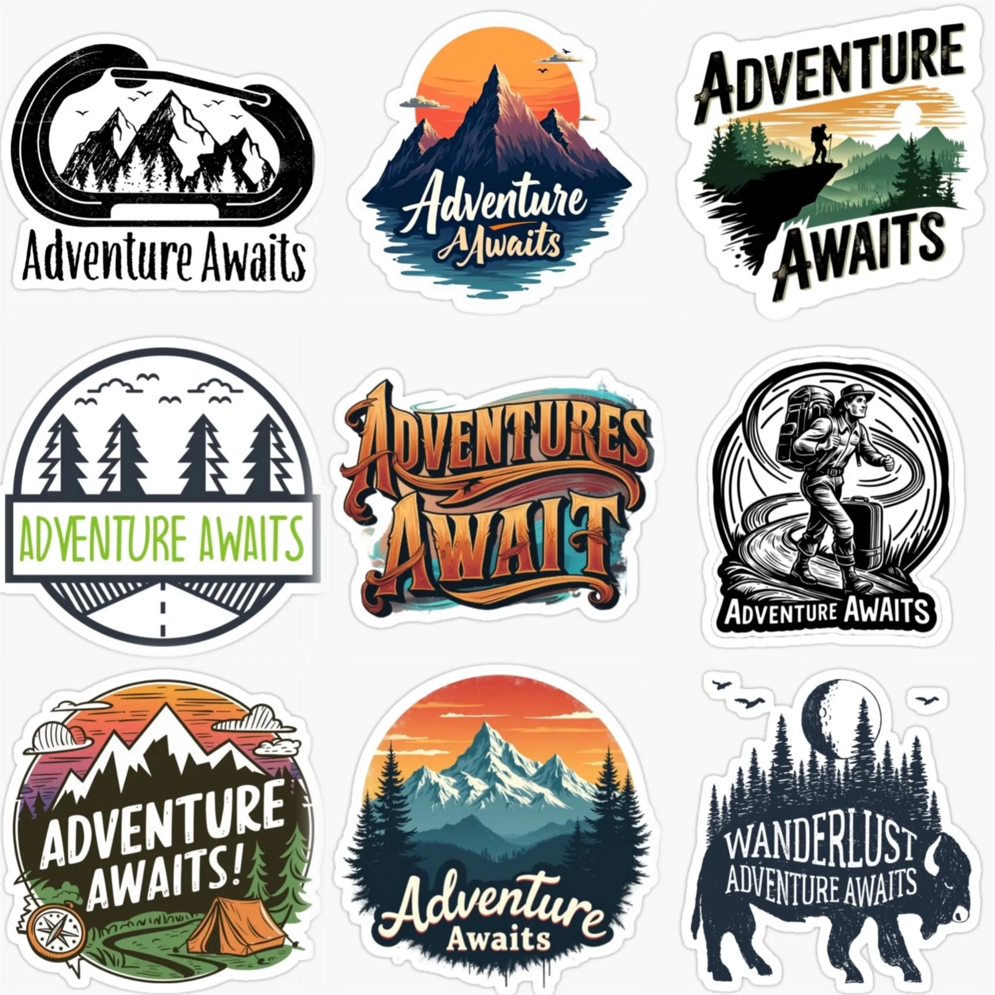 

Adventure Awaits Travel Mountain Camping Creative PVC Sticker for Decorate Car Van Truck Bicycle Window Helmet Decal Accessories