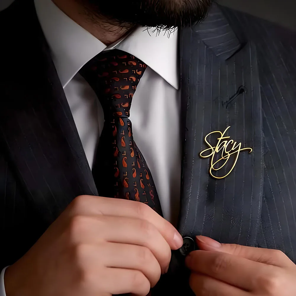 Custom Signature Name Lapel Pin Personalized Cursive Script Badge 18K Gold Plated Stainless Steel for Men Business Suit Wedding view 6