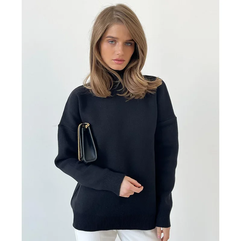 

Half High Neck Knitted Sweater Autumn Winter Fashion Trend Loose Fit Warm Pullovers Long Sleeve Solid Color Women Sweaters