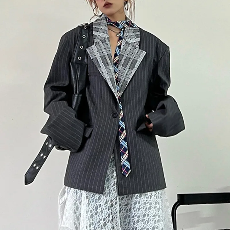 HKSH Primavera Autunno Nuovo Blazer da donna a righe Color Block Colletto rovesciato Tasche con bottone singolo Giacca elegante di fascia alta HK13900