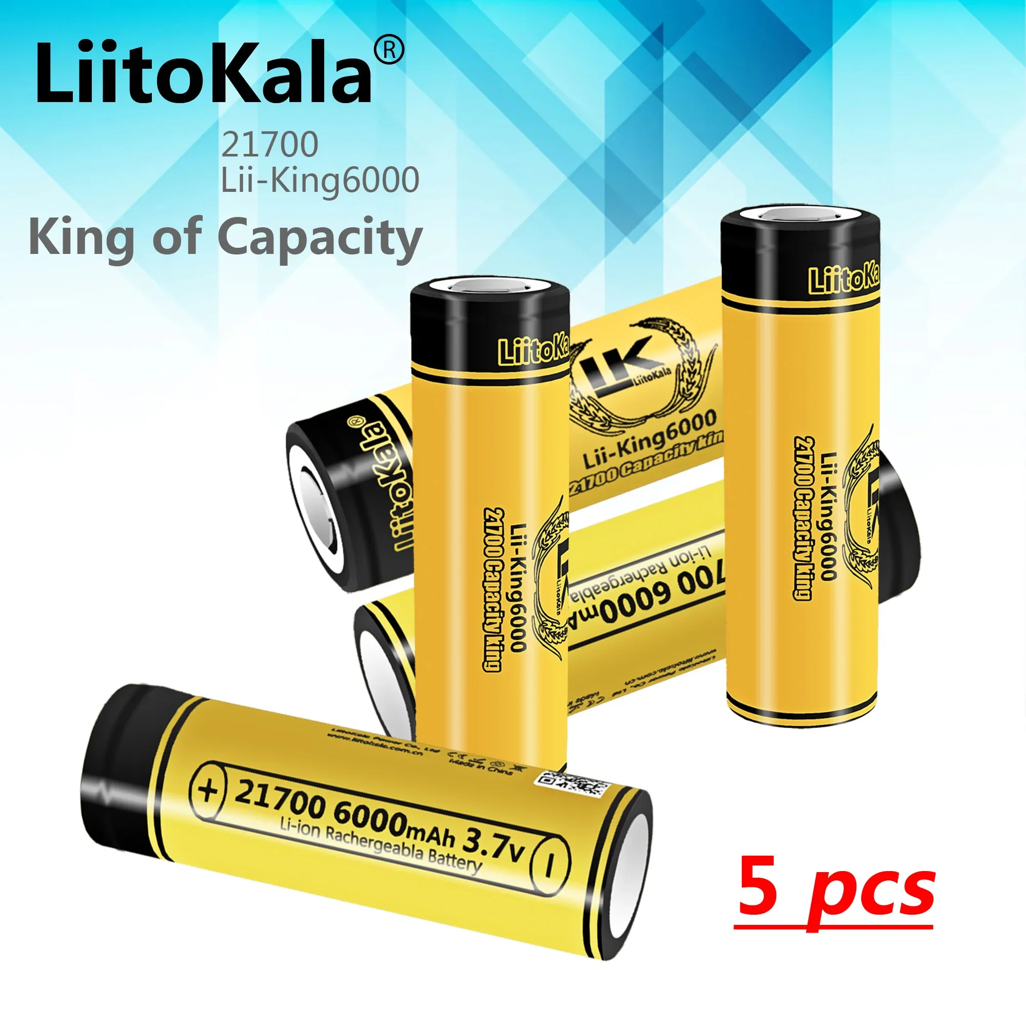 

5PCS LiitoKala King6000 3.7V 21700 6000mAh Top High-performance Rechargeable Battery for power tools and flashlight