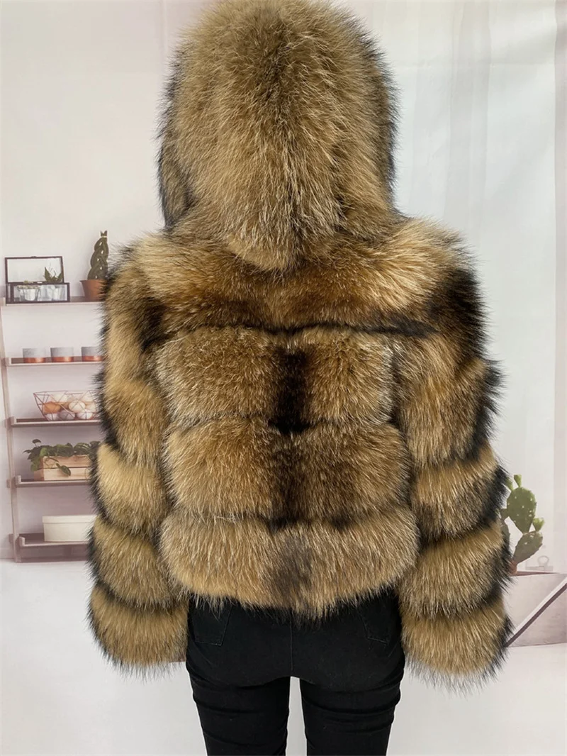 Women Winter New Design Hooded Raccoon Fur Coat Ladies Short Natural Racoon Fur Jacket With Detachable Hood