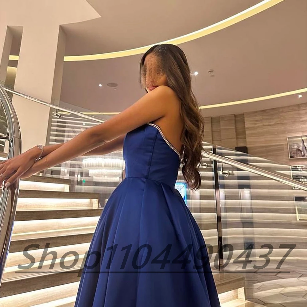 Customized Simple Blue Strapless A-line Formal Evening Dress Crystal Backless Draped Floor Length Sleeveless Party Prom Gown