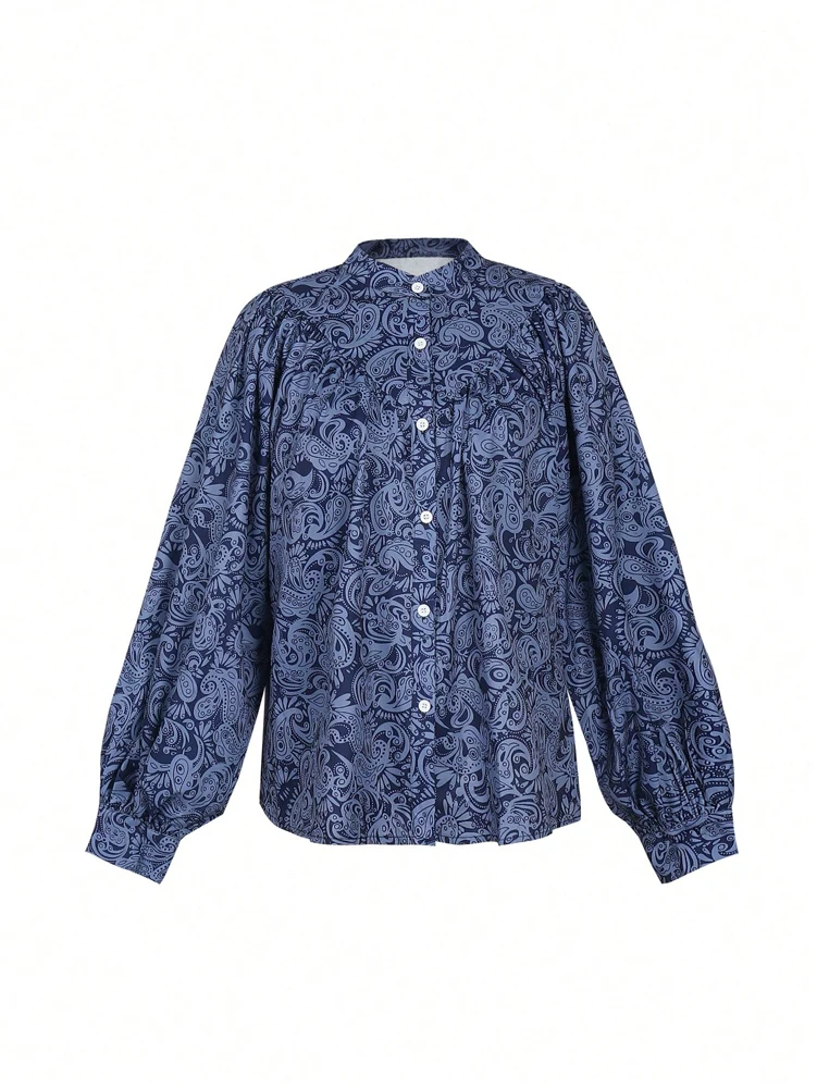 2025 herbst Neue frauen Elegante Mode Gedruckt Bluse Top Casual Laterne Hülse Taste Tiefem V-ausschnitt Täglichen Reise