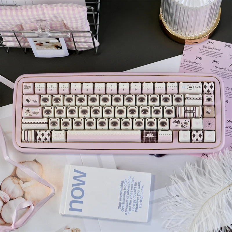 Custom PBT Keycaps 130 Keys Cute Siamese Cat-shaped Dye-Sublimation MAO Profile Keycaps for MX Gamer Mechanical Keyboard