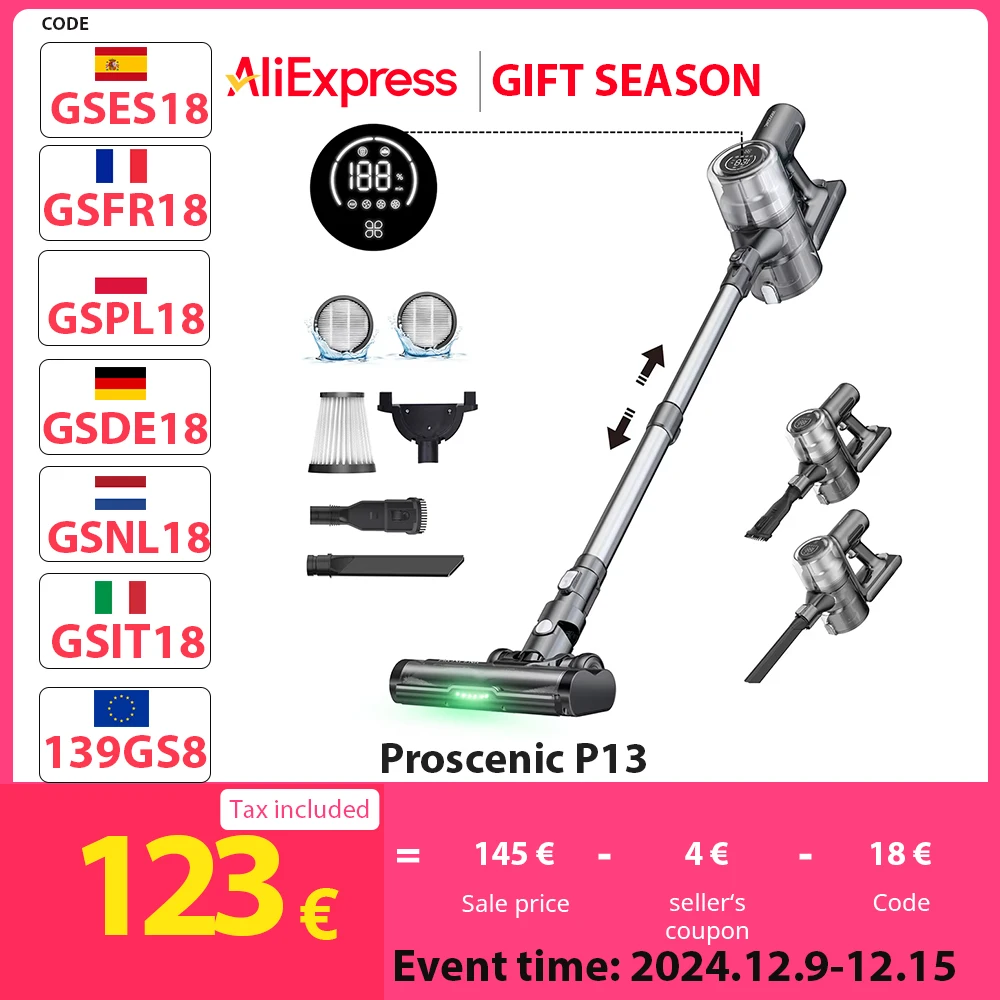 Proscenic P13 Cordless Vacuum Cleaner, 35Kpa Suction, Stick Vacuum with Green Light, LED Display, Anti-tangle Roller Brush