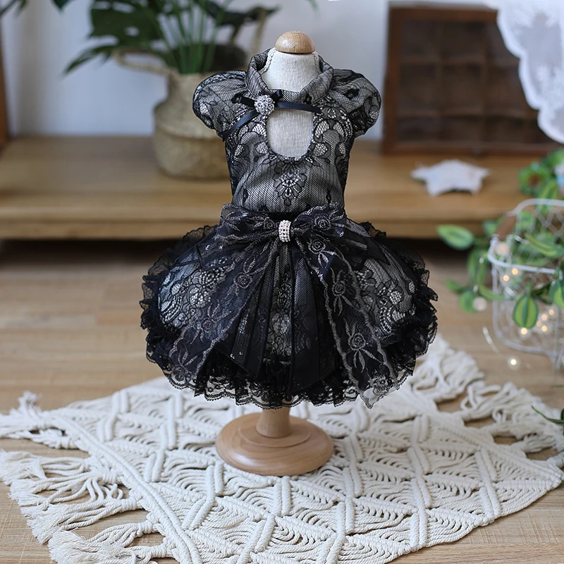 Handmade Unique Dog Clothes Pet Supplies One Piece Sexy Black Lace Dress Puff Sleeve Tulle Europe Palace Princess Queen Gown