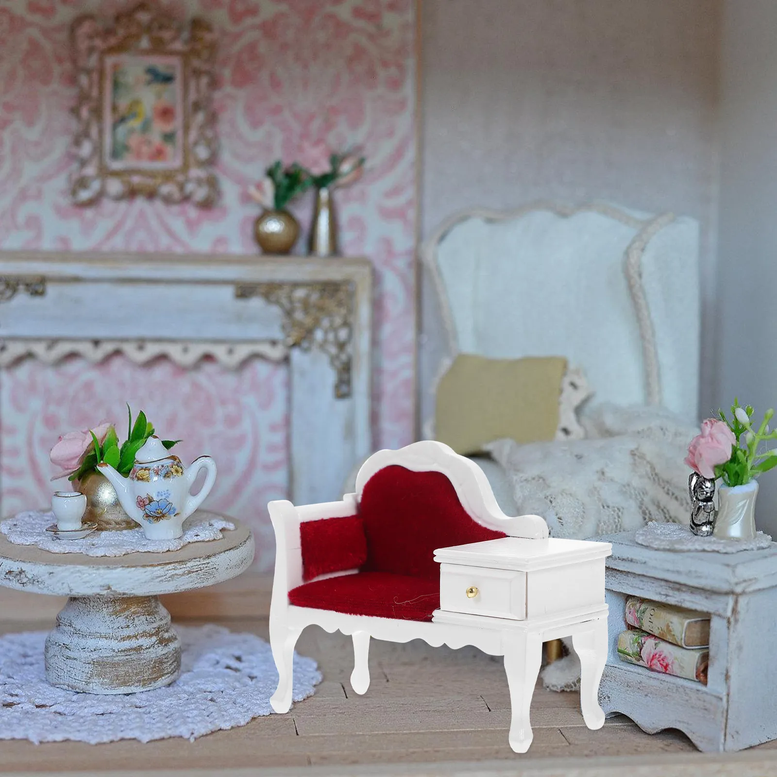 

Miniature Wooden Sofa Chair with Drawer Vintage Tiny Furniture for Handmade Mini House Decoration Miniature Armchair Adorn