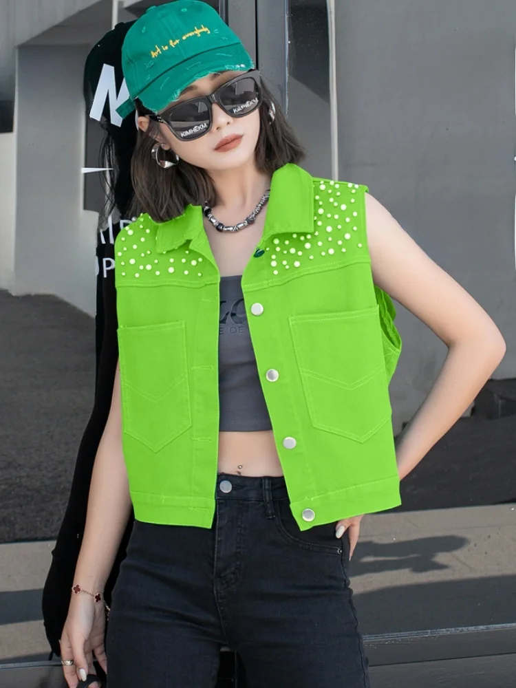 Wiosenno-jesienna koreańska, swobodna, wytrzymała kamizelka dżinsowa z ozdobnymi serduszkami, top damski, zdobiona diamentami.