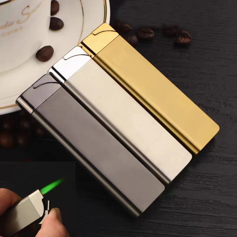Encendedor de Butano Metálico Ultrafino Resistente al Viento, Encendedor de Llama Verde Recargable, Mini Encendedor de Bolsillo, Accesorio para Fumar, Regalo