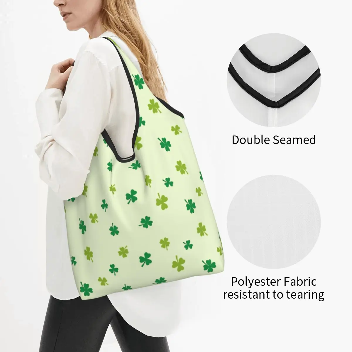 Reusable St Patrick's Day Irish Shamrock Clover Grocery Bags Machine Washable Shopping Bags Large Eco Storage Bag Attached Pouch