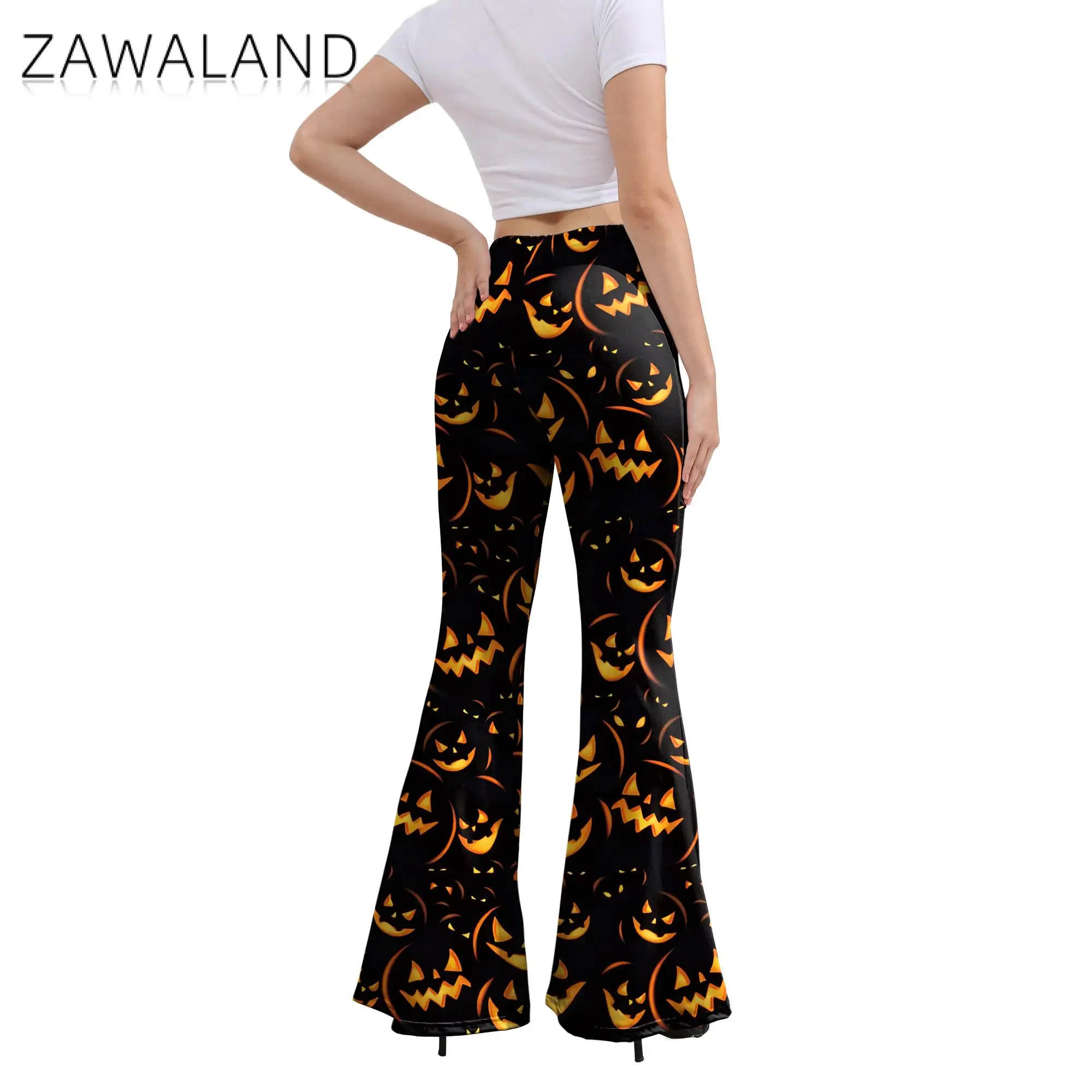 Zawaland Rozkloszowane Spodnie Dla Kobiet Legginsy z Wysoką Talią Lady Holiday Party Moda Cosplay Halloween Straszne Spodnie z Nadrukiem Dyni